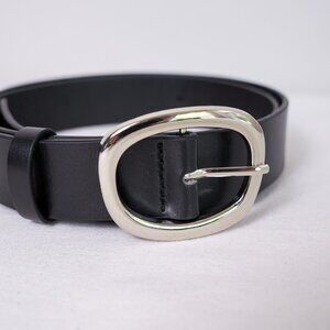 y2k oval buckle black leather belt — 2000s minimal style